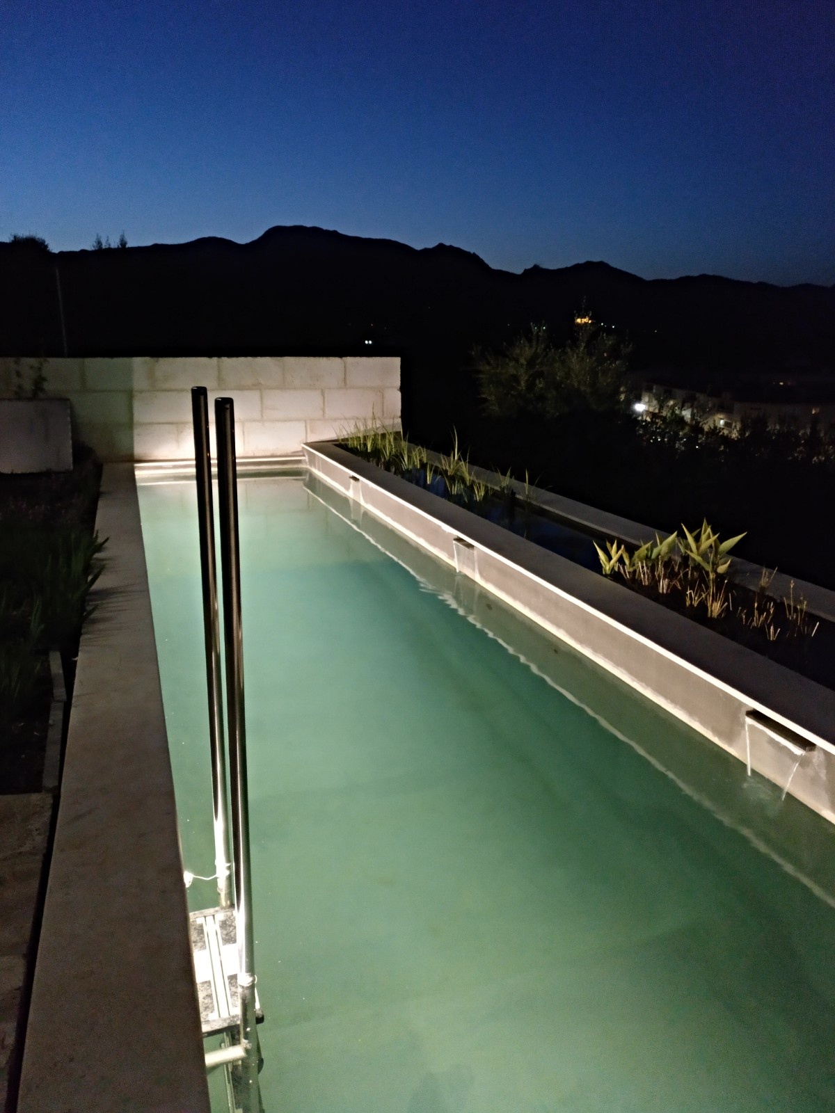 vivienda biopasiva con piscina natural de noche